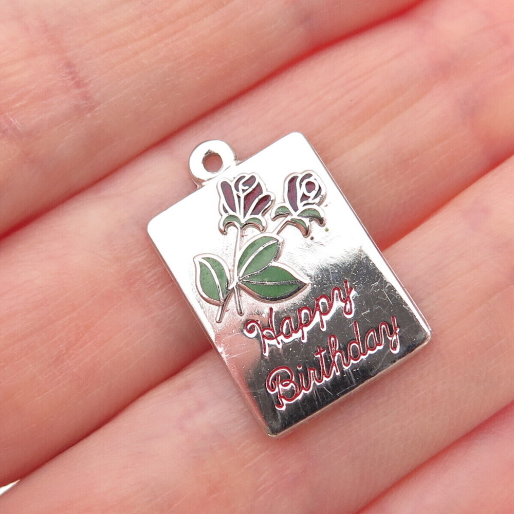BEAU 925 Sterling Silver Vintage Enamel Happy Birthday Rose Mini Charm Pendant
